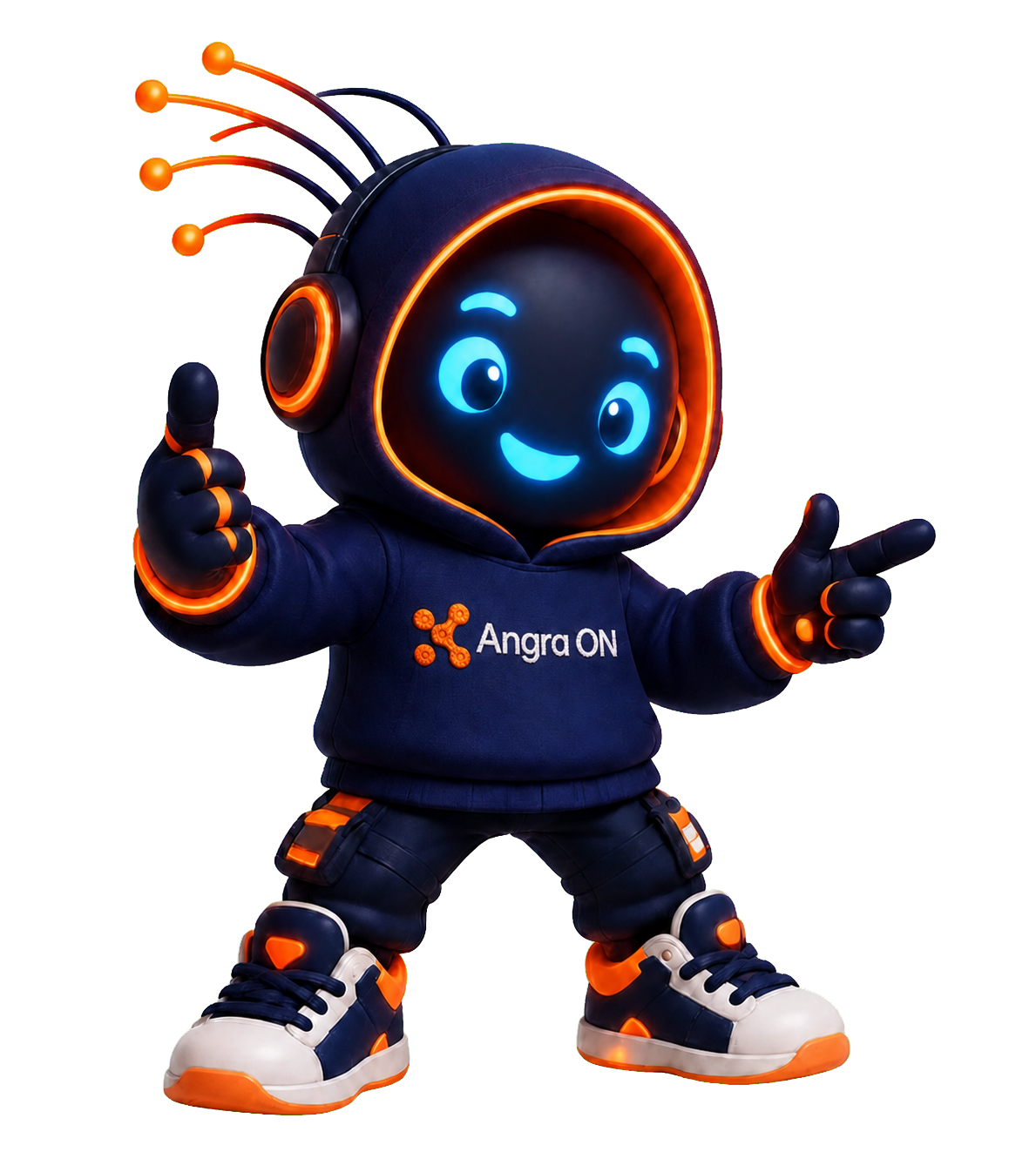 Turbo, mascote oficial da Angra ON, apontando para o CTA